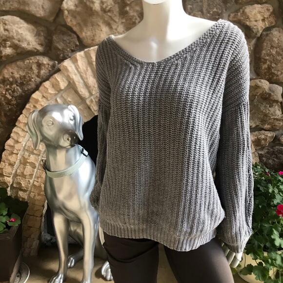 Pixley Gray Ribbed V-Neck Balloon Sleeve Sweater Women's Size Large - Picture 1 of 5